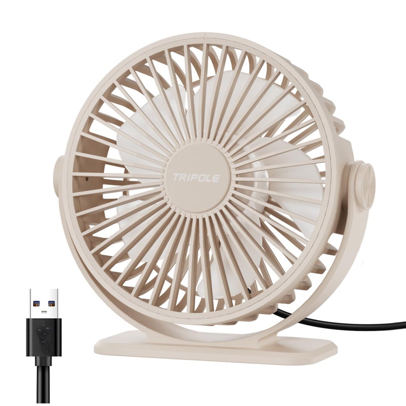 TriPole USB Desk Fan Small Portable Personal Fan, 3 Speeds Adjustable Strong Breeze Mini Electric Fan, 360Â° Rotation Quiet Plug In USB Fan for Desktop Bedroom Office Table Travel Cruise, Beige, 4.5in - Image 1