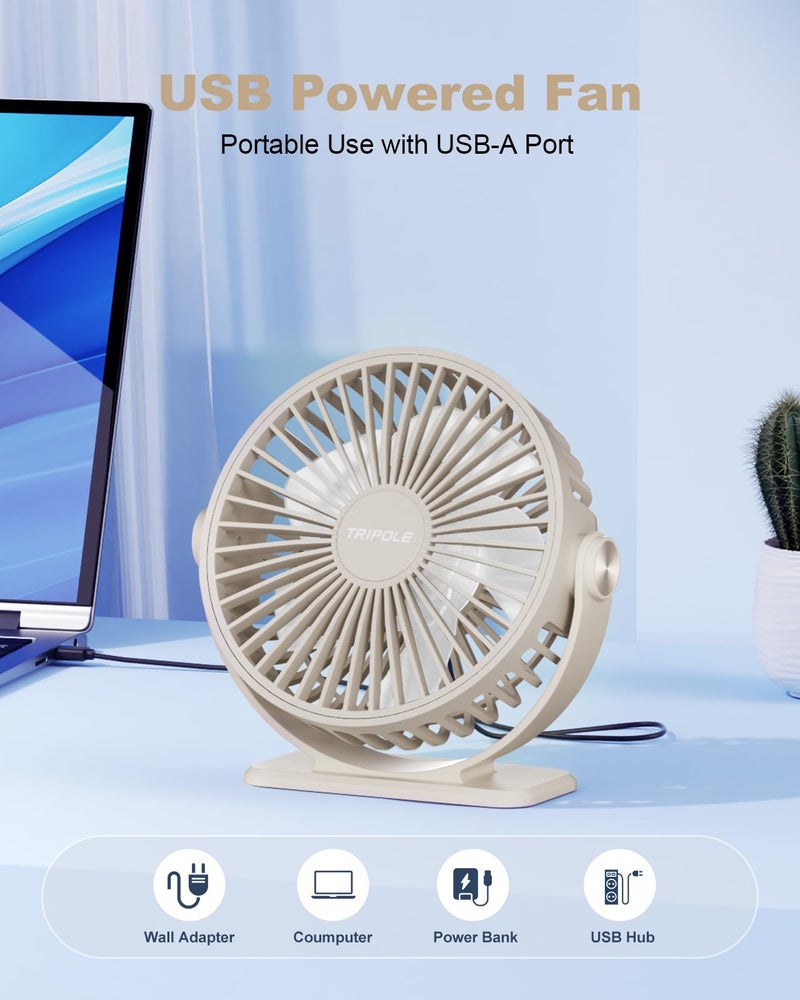 TriPole USB Desk Fan Small Portable Personal Fan, 3 Speeds Adjustable Strong Breeze Mini Electric Fan, 360Â° Rotation Quiet Plug In USB Fan for Desktop Bedroom Office Table Travel Cruise, Beige, 4.5in - Image 2