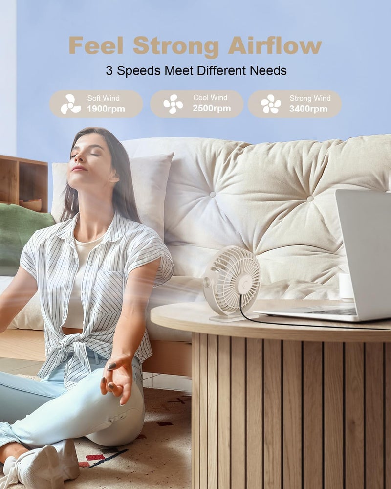 TriPole USB Desk Fan Small Portable Personal Fan, 3 Speeds Adjustable Strong Breeze Mini Electric Fan, 360Â° Rotation Quiet Plug In USB Fan for Desktop Bedroom Office Table Travel Cruise, Beige, 4.5in - Image 4