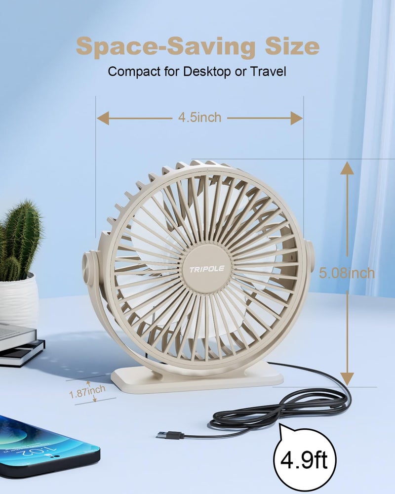 TriPole USB Desk Fan Small Portable Personal Fan, 3 Speeds Adjustable Strong Breeze Mini Electric Fan, 360Â° Rotation Quiet Plug In USB Fan for Desktop Bedroom Office Table Travel Cruise, Beige, 4.5in - Image 5