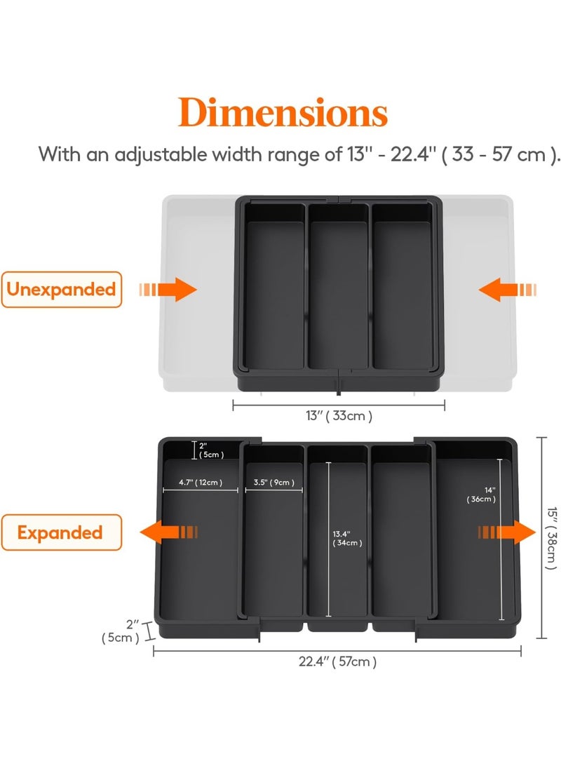 منظم أدوات المطبخ للأدراج، صينية مائدة قابلة للتمدد، فاصل درج قابل للتعديل، حامل أدوات المائدة والسكاكين، أسود كبير - Image 2
