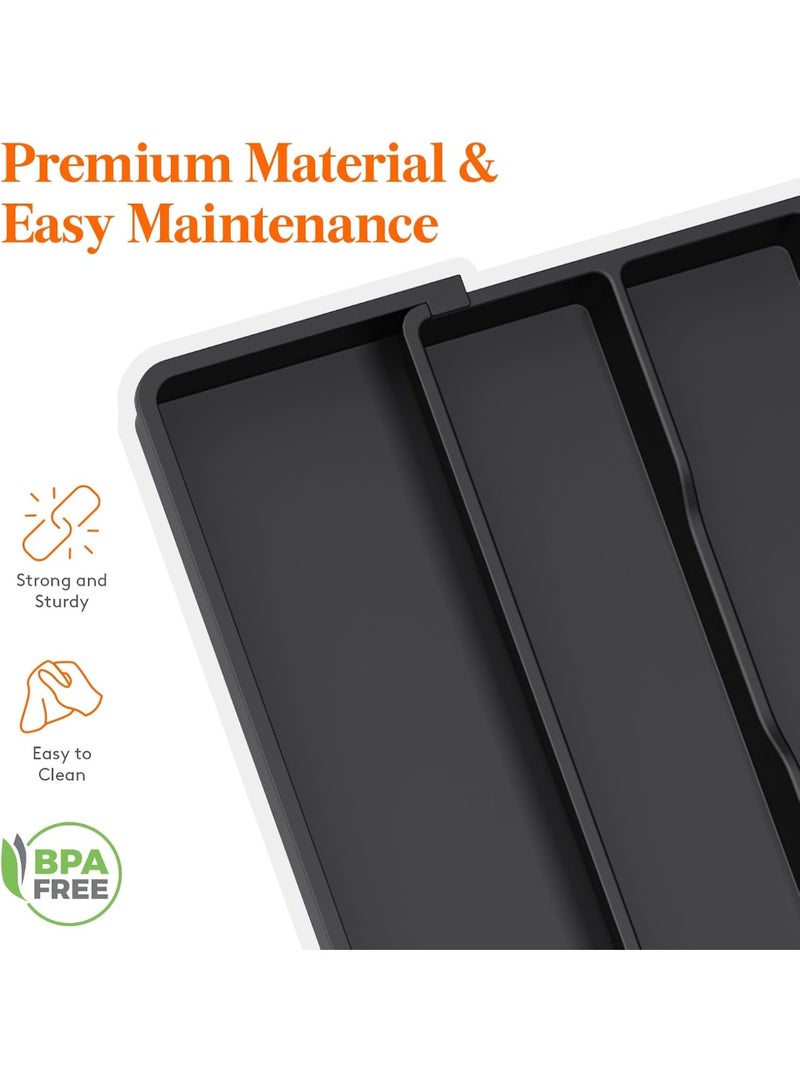 منظم أدوات المطبخ للأدراج، صينية مائدة قابلة للتمدد، فاصل درج قابل للتعديل، حامل أدوات المائدة والسكاكين، أسود كبير - Image 5