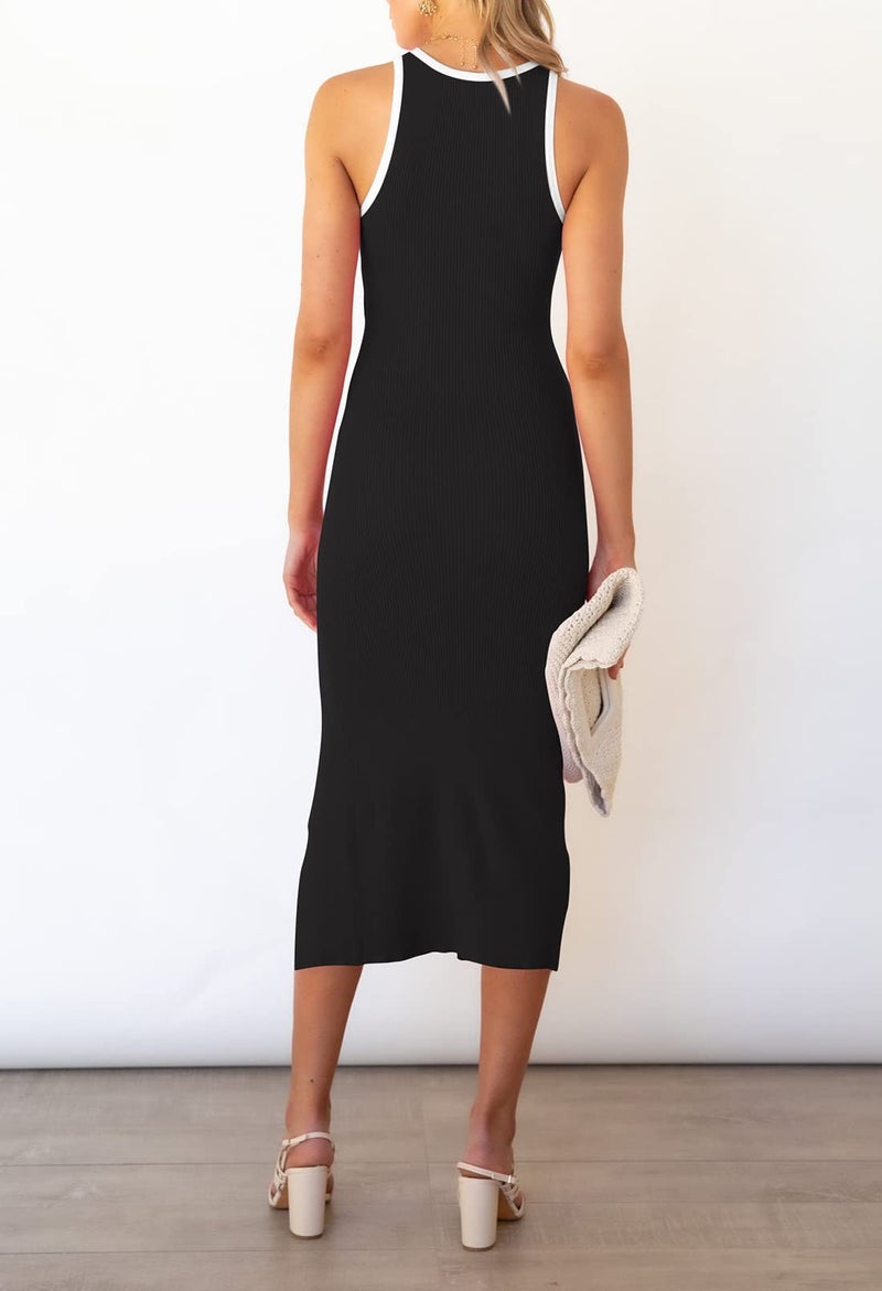 Pink Queen Women's Sleeveless Bodycon Dresses Crew Neck Cutout Side Slit Club Knit Midi Dresses Black S - Image 5