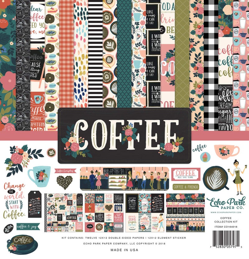 Echo Park Paper Company Coffee Collection Kit paper 12x12Inch PinkGreenRedNavyBlueTealBlack