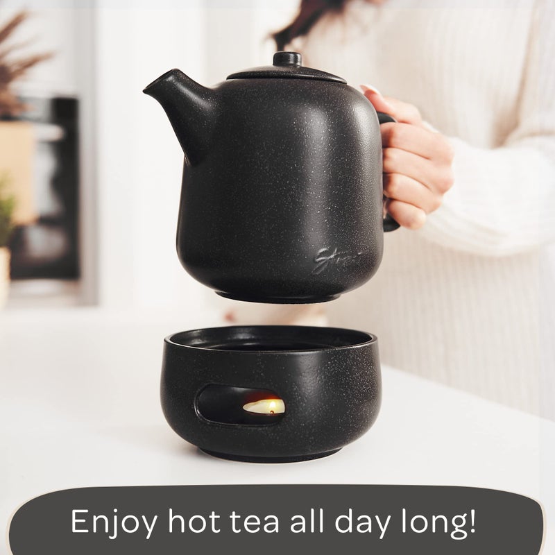 Steinzeit Design Tea Pot with Warmer (44 oz) - Premium Ceramic Teapot with Infuser for Loose Tea - Black Teapot Ceramic with Removable Steamer - Image 3
