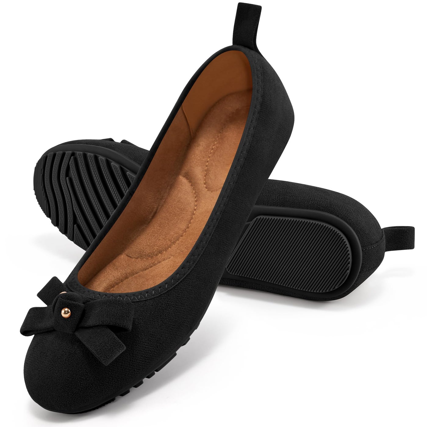 Ecetana Womens Ballet Flats Shoes 2025 Dressy Round Toe Foldable Flats Bow Comfortable Faux Suede Slip on Loafers Black