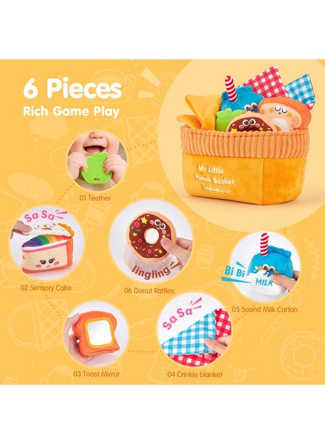 Hahaland Baby Toys 6-12 Months - Picnic Basket Sensory Toy with Crinkle, Rattles, Teether & Mirror, Montessori Play Food Plush for Early Development, Birthday Gifts for 1+ Years Boys & Girls - Image 5