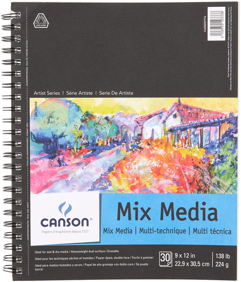 Canson Artist Series Mixed Media Paper, Wirebound Pad, 9x12 inches, 30 Sheets (138lb/224g) - Artist Paper for Adults and Students - Watercolor, Gouache, Graphite, Ink, Pencil, Marker - Image 1