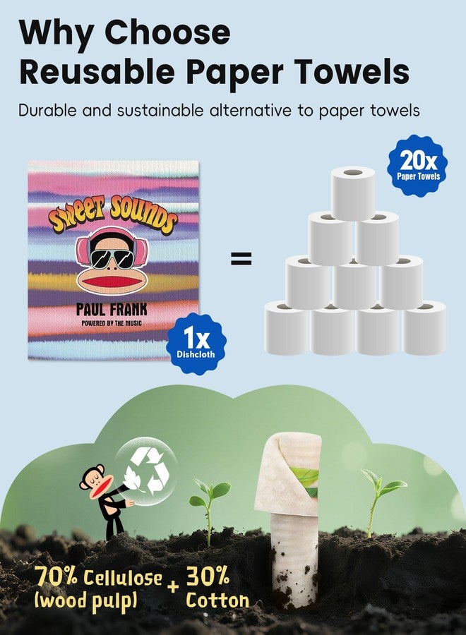 Paul Frank مناديل بول فرانك السويدية للمطبخ - 6 عبوات، مناديل ورقية قابلة لإعادة الاستخدام، قابلة للغسل، مناديل سويدية ماصة، مناديل إسفنجية من السليلوز غير خادشة، بدون رائحة، مناديل تنظيف قابلة للتحلل الحيوي - Image 4