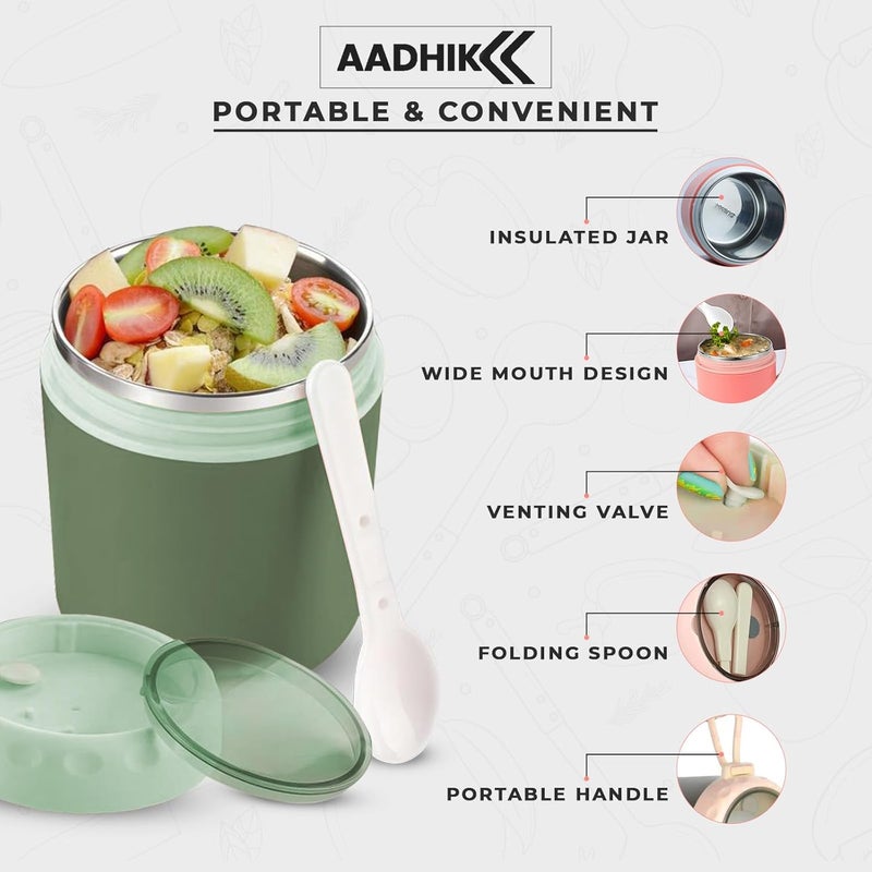 AADHIK Insulated Soup Cup With Spoon Stainless Steel Water Cup and Leakproof Food Flask for Hot Food Lunch Container for Kids Adults Office Outdoor Picnic Travel Green - Image 3