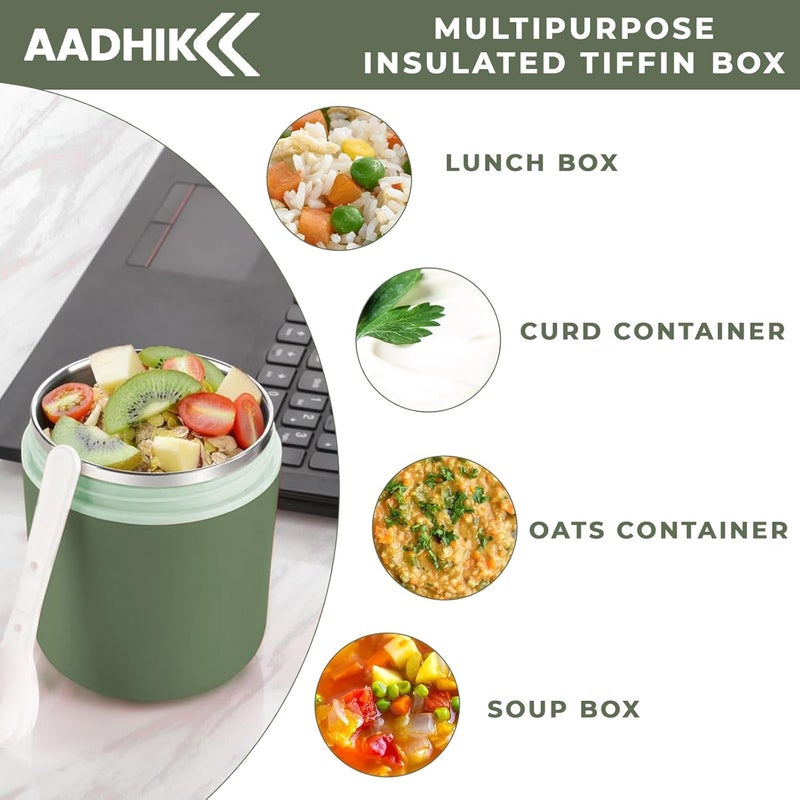 AADHIK Insulated Soup Cup With Spoon Stainless Steel Water Cup and Leakproof Food Flask for Hot Food Lunch Container for Kids Adults Office Outdoor Picnic Travel Green - Image 2