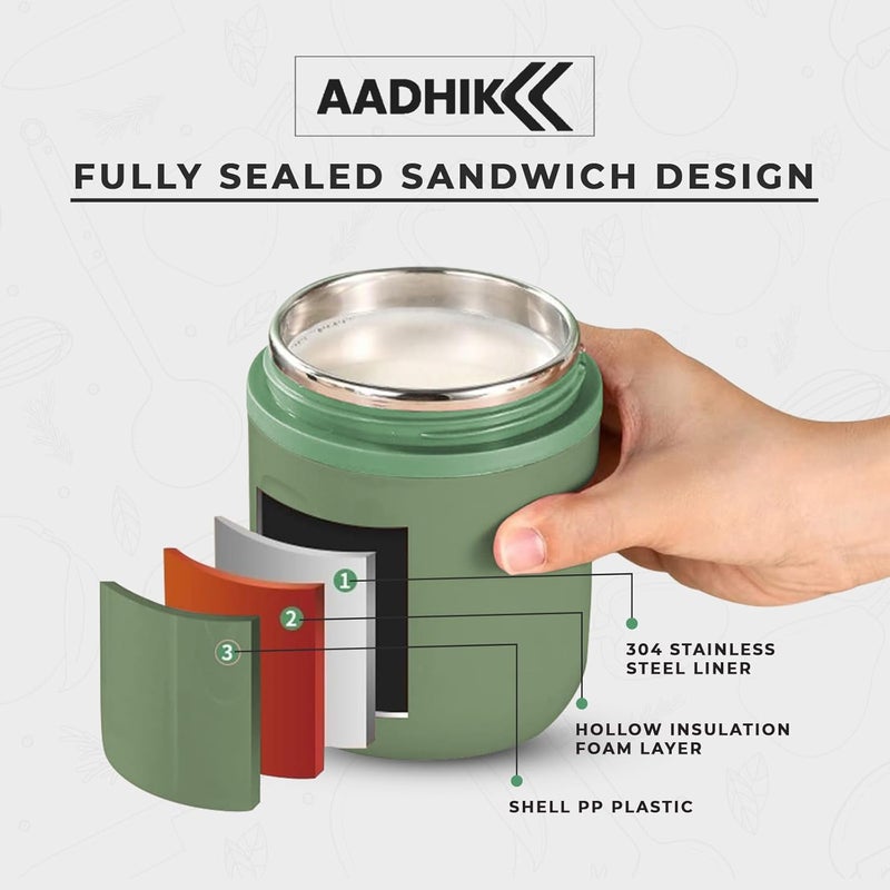 AADHIK Insulated Soup Cup With Spoon Stainless Steel Water Cup and Leakproof Food Flask for Hot Food Lunch Container for Kids Adults Office Outdoor Picnic Travel Green - Image 4