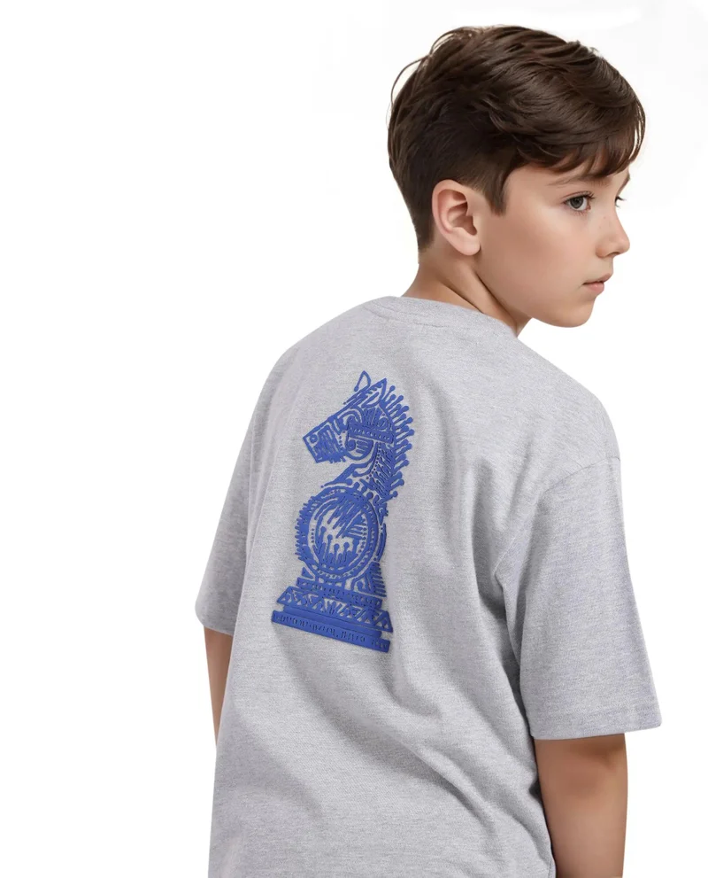 Rare Ones Rare Ones Kids Horse Melange Grey Cotton Half Sleeves Crew Neck Oversized Fit Graphic Back Print T-Shirt