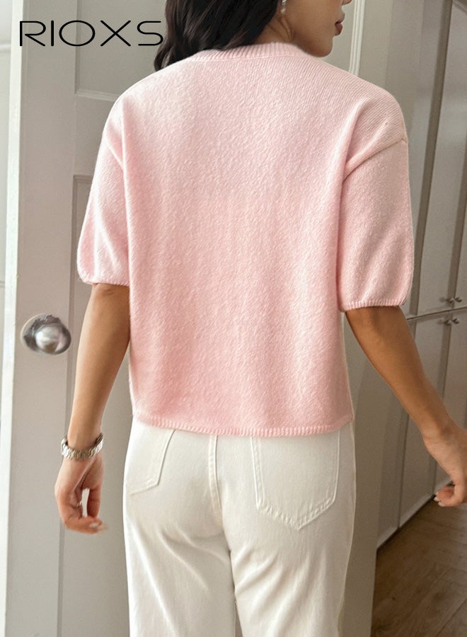 ريوكس سترة نسائية بأكمام قصيرة، سترات محبوكة برقبة دائرية للسيدات، كنزات خفيفة الوزن كاجوال للخريف، ملابس عمل مناسبة للعمل والسفر والارتداء اليومي، لون وردي - Image 3