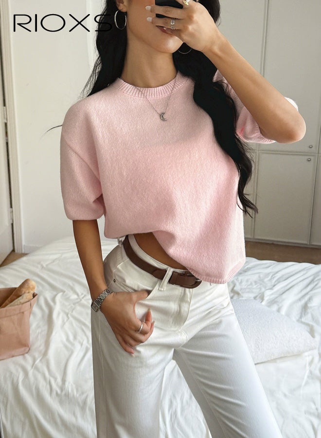 ريوكس سترة نسائية بأكمام قصيرة، سترات محبوكة برقبة دائرية للسيدات، كنزات خفيفة الوزن كاجوال للخريف، ملابس عمل مناسبة للعمل والسفر والارتداء اليومي، لون وردي - Image 2