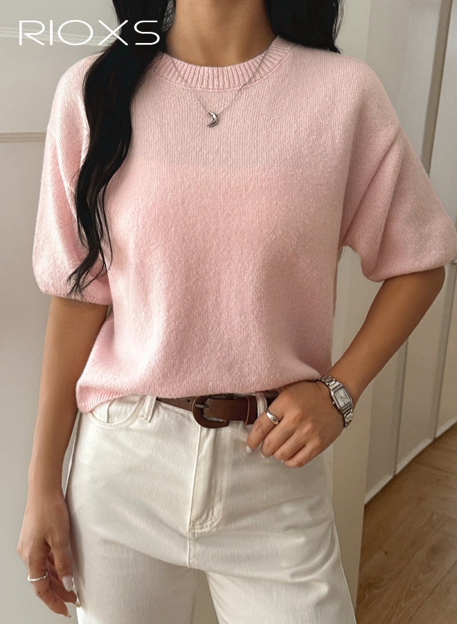 ريوكس سترة نسائية بأكمام قصيرة، سترات محبوكة برقبة دائرية للسيدات، كنزات خفيفة الوزن كاجوال للخريف، ملابس عمل مناسبة للعمل والسفر والارتداء اليومي، لون وردي - Image 1