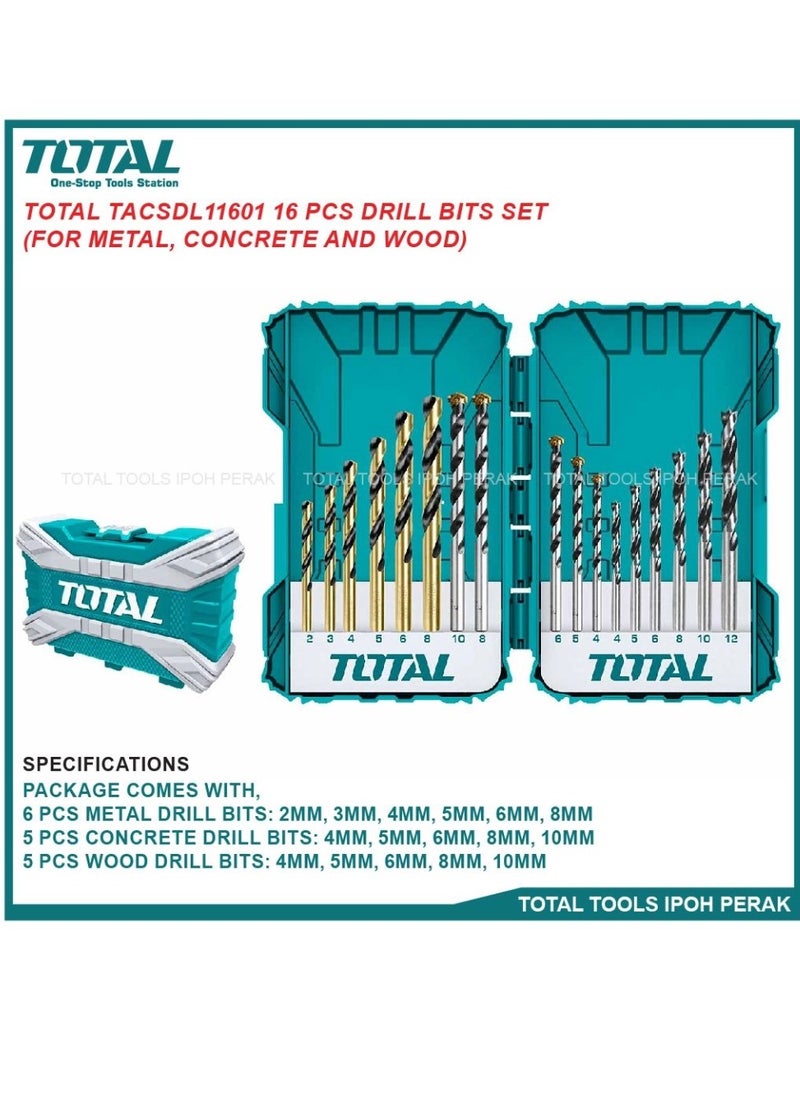 TOTAL - Total 16PCS Metal, Concrete & Wood Drill Bit Set – Includes 6 Metal, 5 Concrete, 5 Wood Drill Bits – Sizes 2mm to 10mm – Versatile Drill Bits Set for DIY, Home Improvement, and Professional Use - Image 1