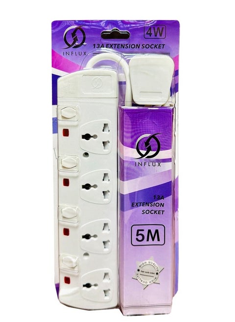 INFLUX Extension Cord with 4-Outlet - 5 Meter Multi Plug Extension Cable for Maximum Reach and Versatility - High-Quality power Extension Socket for All Your Power Needs