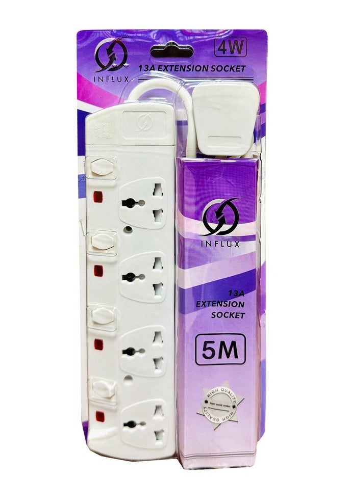 INFLUX INFLUX Extension Cord with 4-Outlet - 5 Meter Multi Plug Extension Cable for Maximum Reach and Versatility - High-Quality power Extension Socket for All Your Power Needs  - Image 1
