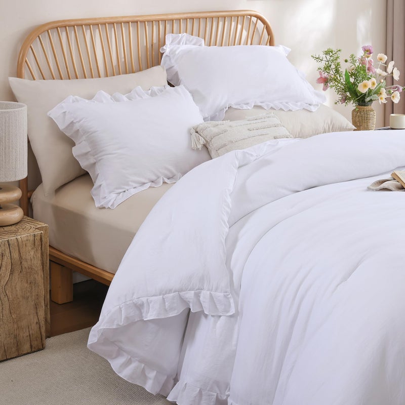 JANZAA Comforter Set Full Size White Comforter Set Ruffled Soft Vintage Farmhouse Bed Set Fluffy 3PCS Shabby Chic Bedding with 2 Pillowcases - Image 3
