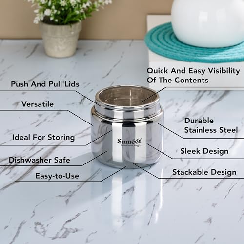Sumeet Stainless Steel Canisters/Dabba/Storage Containers for Kitchen with See Through Lid, Combo of 3 Pcs (400ml with 9cm Dia, 800ml with 11cm Dia & 1450ml with 13.5cm Dia), Silver - Image 2