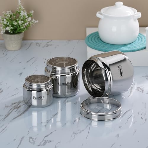Sumeet Stainless Steel Canisters/Dabba/Storage Containers for Kitchen with See Through Lid, Combo of 3 Pcs (400ml with 9cm Dia, 800ml with 11cm Dia & 1450ml with 13.5cm Dia), Silver - Image 5