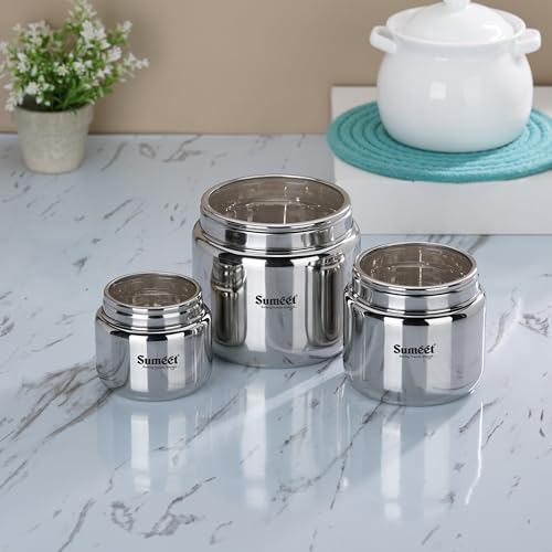 Sumeet Stainless Steel Canisters/Dabba/Storage Containers for Kitchen with See Through Lid, Combo of 3 Pcs (400ml with 9cm Dia, 800ml with 11cm Dia & 1450ml with 13.5cm Dia), Silver - Image 1