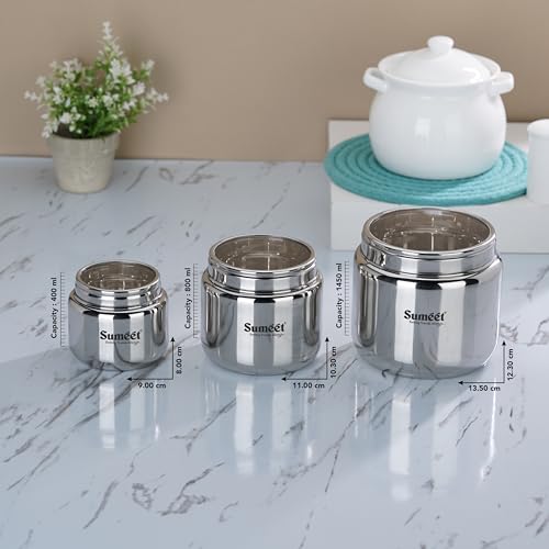 Sumeet Stainless Steel Canisters/Dabba/Storage Containers for Kitchen with See Through Lid, Combo of 3 Pcs (400ml with 9cm Dia, 800ml with 11cm Dia & 1450ml with 13.5cm Dia), Silver - Image 4