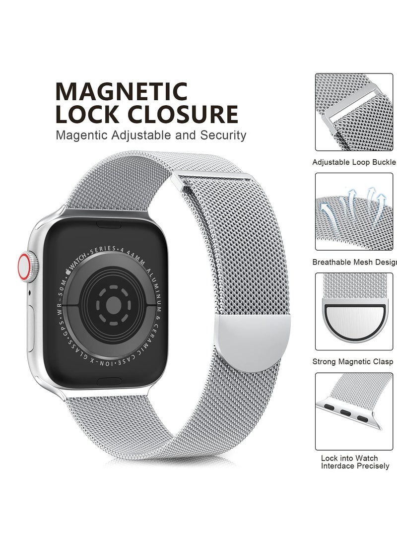 Generic Compatible with Apple Watch Band 42mm 44mm 45mm 46mm 49mm for Women and Men, Stainless Steel Magnetic Metal Wristband Strap Compatible with iWatch Series 10 9 8 7 6 5 4 3 2 1 SE 2/1 Silver  - Image 3