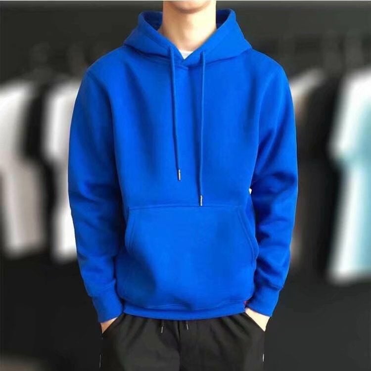 Mens Plush Hoodie Trendy Thickened Winter Coat Sweatshirt Blue  - Image 1