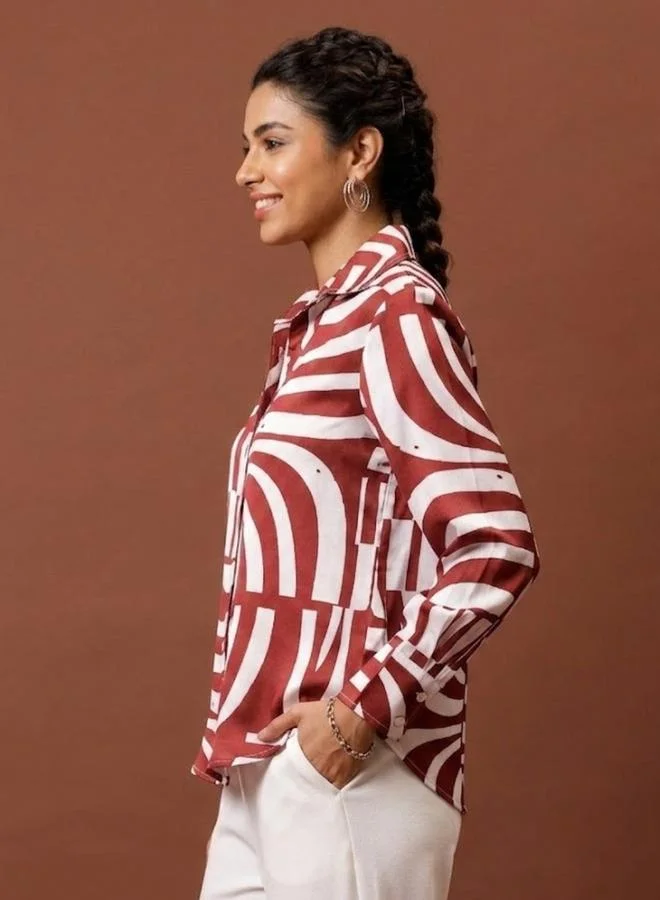 Athena Rust Printed Long Sleeve Satin Shirt