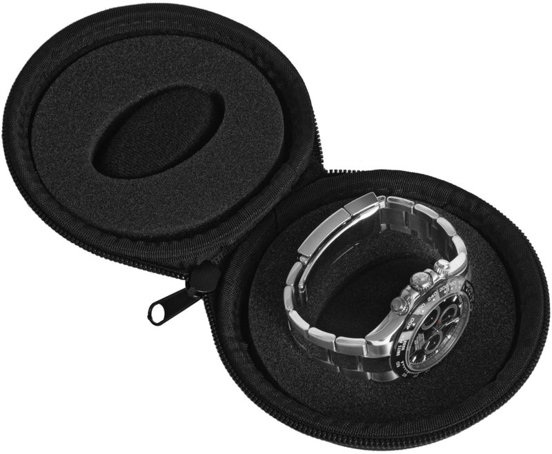 WATCHPOD Travel Watch Case | Single Watch Box w/Zipper for Storage | Cushioned Round Portable Watch Case for Travel | Fits all Wristwatches and Smart Watches up to 50mm (Black) - Image 3