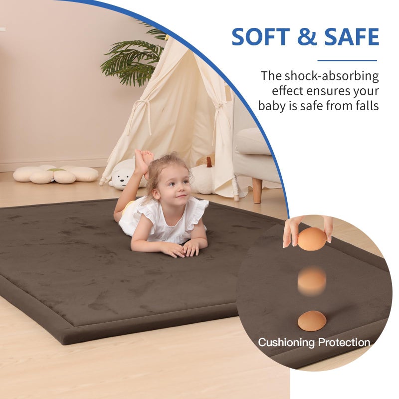 Huloo Sleep Baby Play Mat for Floor,1.3" Thick Elasti-Foam 74Ã—50 Playpen Mat for Toddlers Infant kids,Water-Repellent Soft Coral Velvet for Tummy Time, Non-Slip Backing for Crawling,Tatami Style(Dark Brown) - Image 3