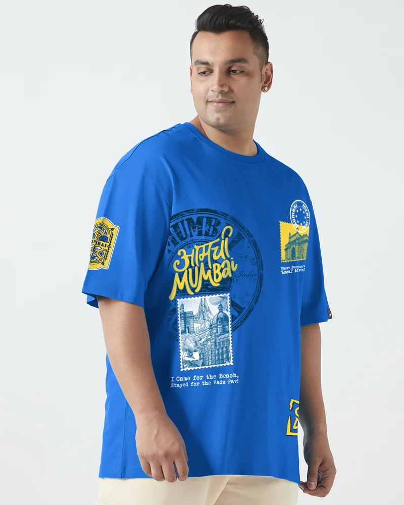 bewakoof Men's Blue Aamchi Mumbai Graphic Printed Oversized Plus Size T-shirt