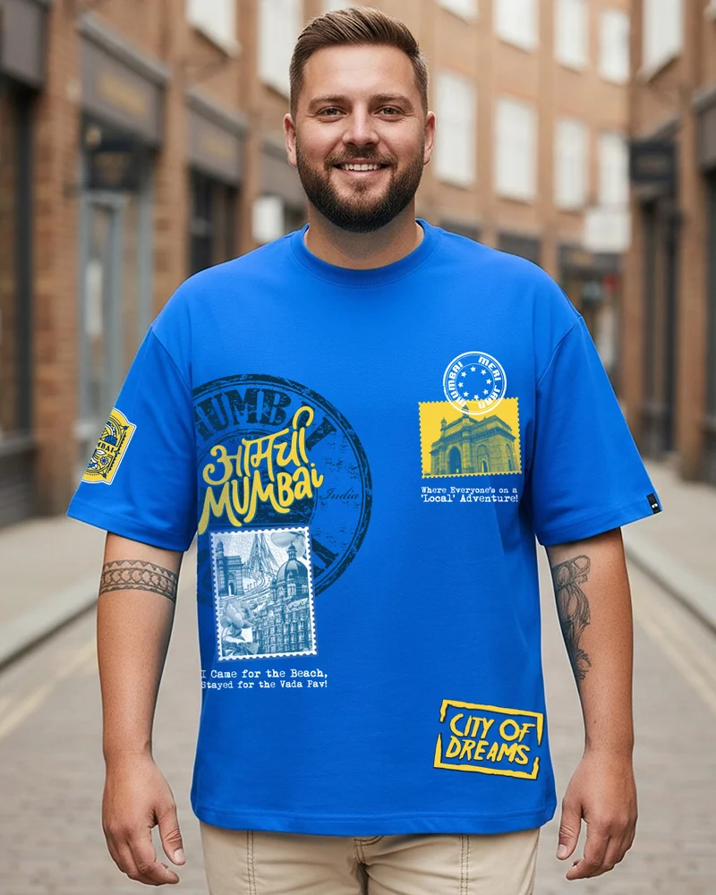 bewakoof Men's Blue Aamchi Mumbai Graphic Printed Oversized Plus Size T-shirt