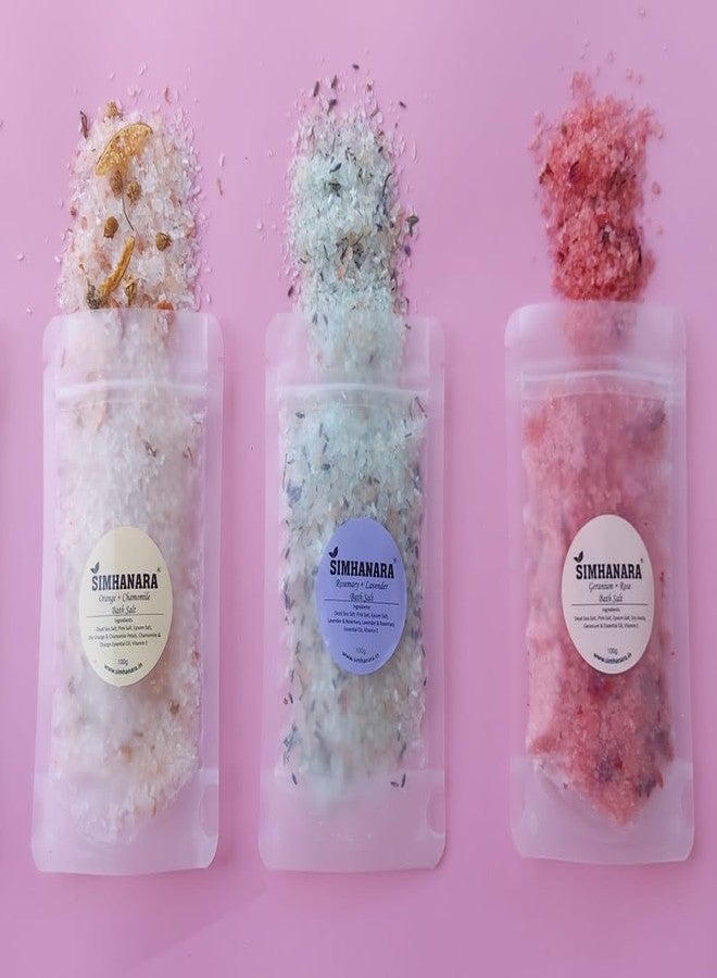 SIMHANARA Pack of 3 Bath Salts - Orange & Chamomile, Rosemary & Lavender, Geranium & Rose (100g Each) - Relaxing Aromatherapy Spa Set