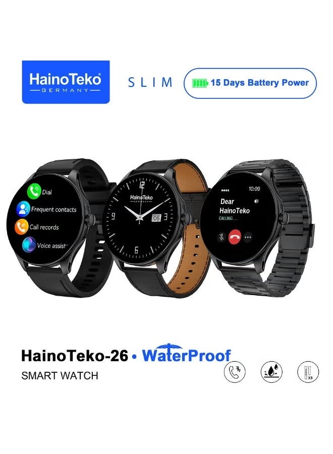 Haino Teko Ultra-Slim Waterproof Smartwatch with Vibrant AMOLED Display, Bluetooth Calling, 15-Day Battery Life, Advanced Fitness & Health Tracking, Heart Rate & Sleep Monitoring, 3 Interchangeable Straps – Stylish Black Smartwatch for Men, Perfect for Work, Gym, Travel, Sports, and Daily Use - Image 1