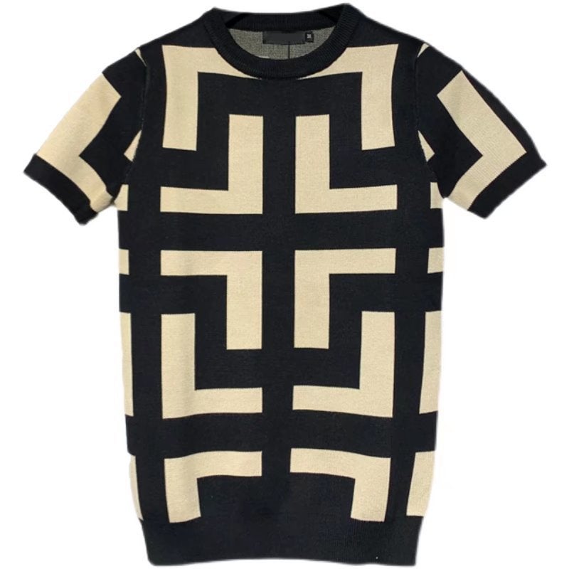 Short-sleeved Sweater Mens Slim-fit plus size Jacquard Spring and Summer Knitwear Half-sleeved Youth Stretch Handsome Short-sleeved T-shirt Black - Image 1