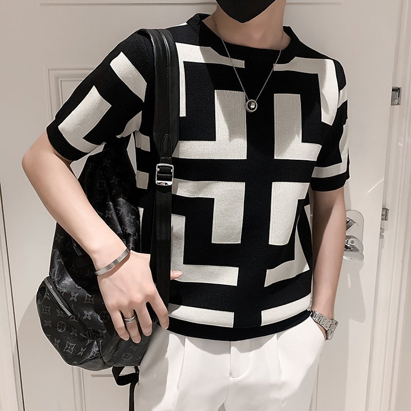 Short-sleeved Sweater Mens Slim-fit plus size Jacquard Spring and Summer Knitwear Half-sleeved Youth Stretch Handsome Short-sleeved T-shirt Black - Image 4