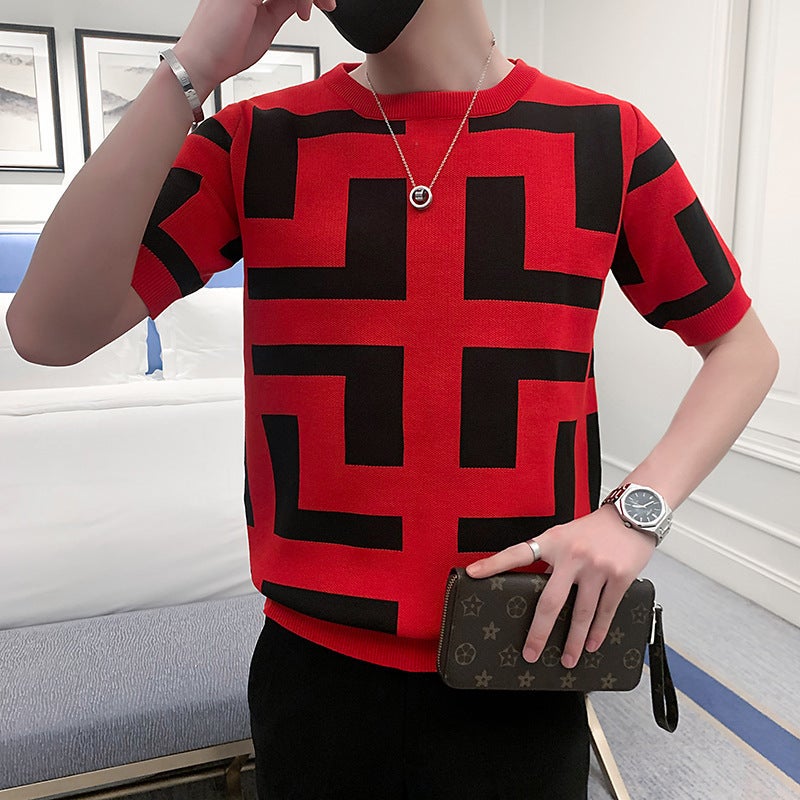 Short-sleeved Sweater Mens Slim-fit plus size Jacquard Spring and Summer Knitwear Half-sleeved Youth Stretch Handsome Short-sleeved T-shirt Black - Image 5