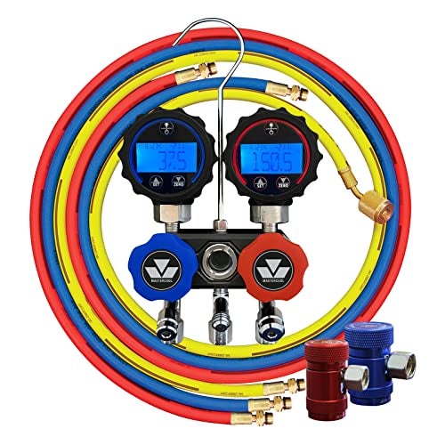MASTERCOOL ماستركول ميني R1234yf مانيفولد رقمي من الألمنيوم مع خراطيم بطول 3-72 بوصة وموصلات يدوية R1234yf مُعبأة في حقيبة حمل بسحاب، 82172، سلسلة سوداء - Image 1