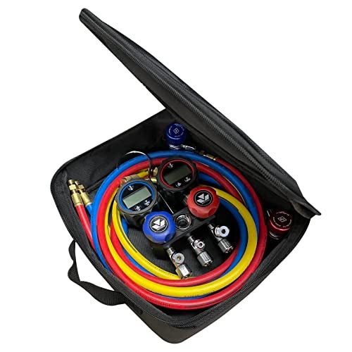 MASTERCOOL ماستركول ميني R1234yf مانيفولد رقمي من الألمنيوم مع خراطيم بطول 3-72 بوصة وموصلات يدوية R1234yf مُعبأة في حقيبة حمل بسحاب، 82172، سلسلة سوداء - Image 2