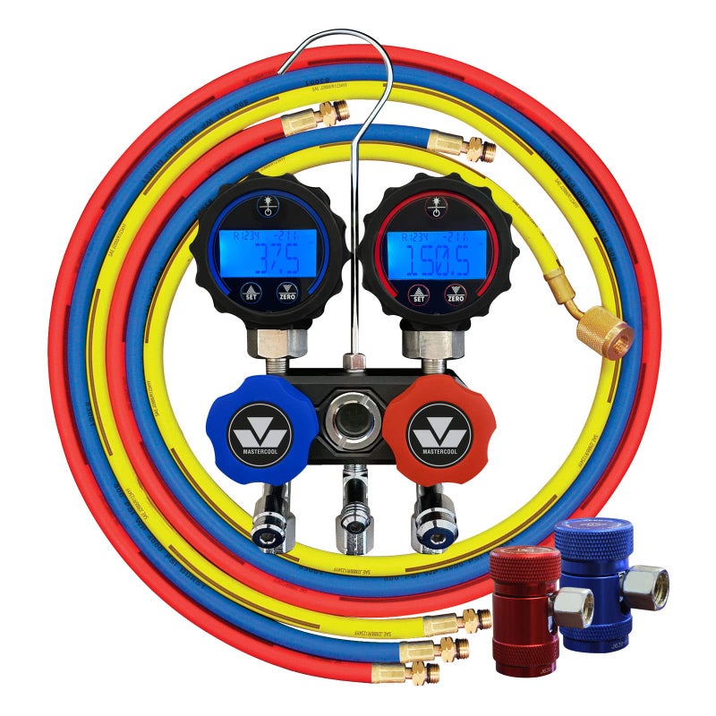 MASTERCOOL ماستركول ميني R1234yf مانيفولد رقمي من الألمنيوم مع خراطيم بطول 3-72 بوصة وموصلات يدوية R1234yf مُعبأة في حقيبة حمل بسحاب، 82172، سلسلة سوداء - Image 5