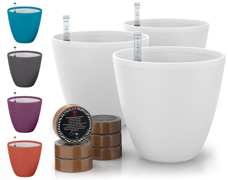 GARDENIX DECOR أواني جاردينيكس ذاتية السقي للنباتات الداخلية عبوة 3 قطع وعاء زهور مع مؤشر مستوى الماء لأداة تتبع نمو النباتات وعاء زراعة ذاتي السقي وعاء نباتات من جوز الهند أبيض