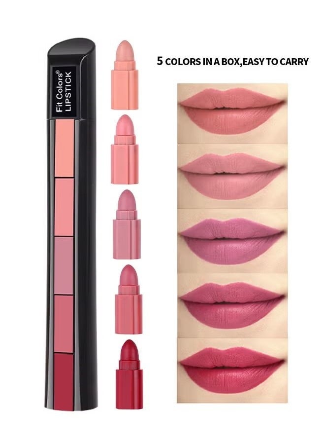 Fit Colors - 5 Colors Nude Matte Finish 5 in 1 Lipstick- Long Lasting Waterproof Lipstick (02#NUDE) - Image 1