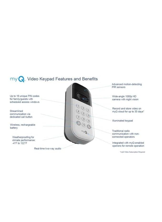 Liftmaster VKP1-LM MyQ Video Keypad with Camera, WiFi, and Smartphone Control. A Smart Garage keypad for Your Smart Home. Works with Chamberlain, LiftMaster, and Craftsman openers.