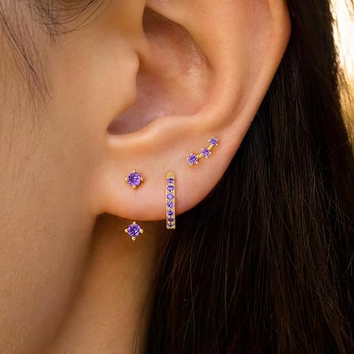 Poxtex Gold Purple Earrings for Women, Deep Purple February Birthstone Earrings Jewelry Gifts, Jacket Stud Huggie Hoop Stack for Multiple Piercing - Image 5