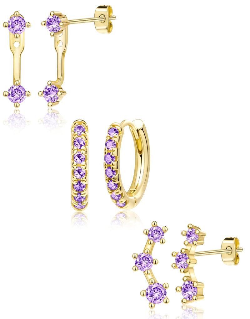 Poxtex Gold Purple Earrings for Women, Deep Purple February Birthstone Earrings Jewelry Gifts, Jacket Stud Huggie Hoop Stack for Multiple Piercing - Image 1
