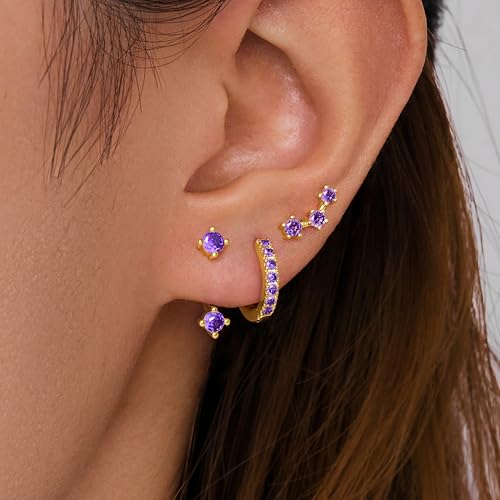 Poxtex Gold Purple Earrings for Women, Deep Purple February Birthstone Earrings Jewelry Gifts, Jacket Stud Huggie Hoop Stack for Multiple Piercing - Image 4