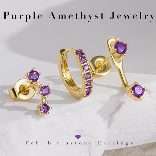 Poxtex Gold Purple Earrings for Women, Deep Purple February Birthstone Earrings Jewelry Gifts, Jacket Stud Huggie Hoop Stack for Multiple Piercing - Image 3